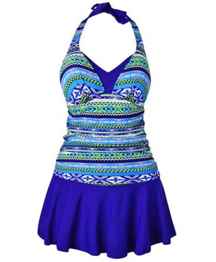 Printed Padded Royal Blue Halter Neck Swimdress